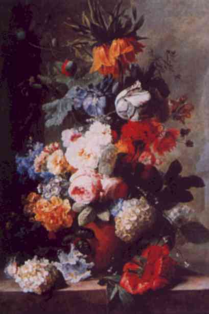 Still Life of Flowers in a Vase on a Marble Ledge